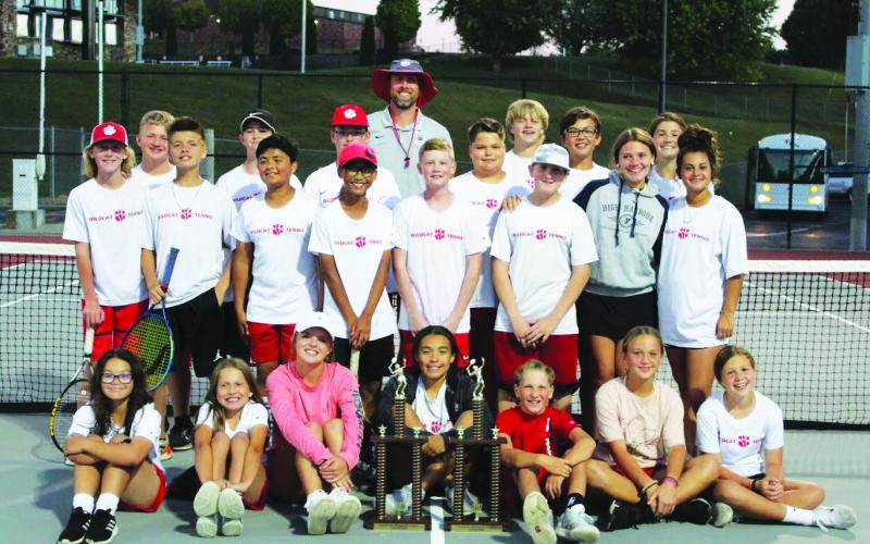 Submitted photo. The Rabun County Middle School tennis teams were victorious in their playoffs. The winning teams’ members are (front from left) Vada Fallon, Jewels Hutcheson, Adelyn Thompson, AddyBeth Owens, Ky Thompson, Sophie Provance and Amilia Potts. In the middle row are Lawson Beck, Cobe Smith, Noel Vasquez, Jack Getty, Rett Walker Potzner, Drake Duchaine, Emma Krivsky and Ella Weber. In the back row are Max Cox, Andrew Conner, Lleyton Phillips, Coach Bryan Getty, Jaxon Fisher, Landan Bedingfield, Br