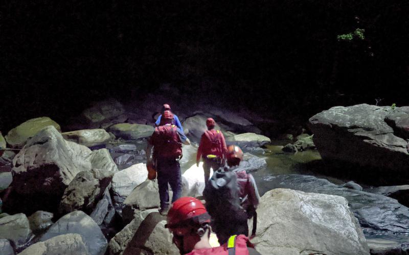Submitted photos/Tallulah Gorge State Park. A drone overhead of rescue crew members has a spotlight lighting the floor of Tallulah Gorge so rescuers can cross the river on a call to rescue two subjects Thursday, June 20, around 9:36 p.m. 